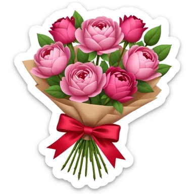 Bouquet of pink flower like rose and peony wrapped in kraft paper with red bow sticker