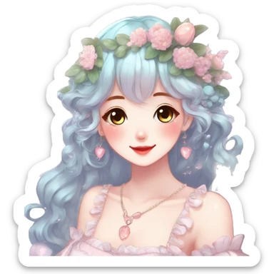 Gorgeous anime style lady with blushing face and accessories cottagecore fairycore Kawaii anime colorful pearly romantic aesthetic trending style sticker