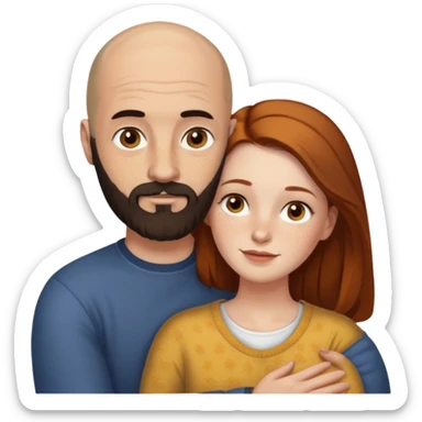 Couple. Bald man with dark brown-black beard. White woman with many small, faded freckles, she has white skin and she has auburn-yellow-brown-cinnamon, dark long hair. She has light brown eyes. The man have hazel eyes. Retro style. They hug. sticker
