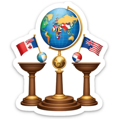 An icon featuring a podium with a speaker, national flags, and voting ballots, symbolizing political science. The design includes a globe and scales of justice in the background, representing governance, global affairs, and political theory. Transparent background emphasizes civic engagement and policy. sticker