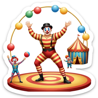 Icon for Circus Arts: a vibrant round circus arena with a strongman in a striped costume,  juggler and a clown performing. The icon should convey the excitement and fun of circus performances, with focus on the performers and the colorful setting. Transparent background. sticker