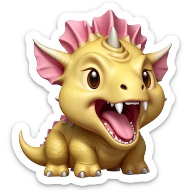 Cinematic Cute Yawning Triceratops Portrait Emoji, Head tilted slightly with a dramatic, wide-open yawn, showcasing a robust, horned body with a frilled head and sleepy, half-closed eyes, Simplified yet irresistibly cute features, highly detailed, glowing with a soft, cozy prehistoric glow, high shine, relaxed yet expressive, stylized with a dash of whimsical ancient charm, soft glowing outline, capturing the essence of a drowsy yet affectionate Triceratops that appears ready to stretch and yawn its way out of the screen! sticker