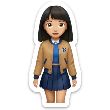 black color long hair with fringe, light skin long hair girl with brown varsity jacket,  navy long long skirt walking

 sticker