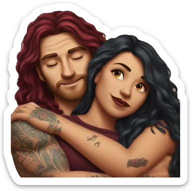 Beautiful tattooed burgundy long haired woman laying on the boyfriends chest sticker