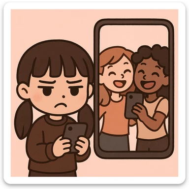 cute cartoon girl with long dark hair in low pigtails and blunt bangs, dark brown clothes, holding a phone and looking upset; enlarged phone screen beside her shows two friends taking a happy selfie; soft, minimal pink background; charming and expressive style; focus on jealousy sticker