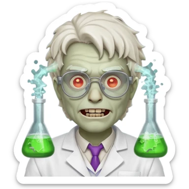 mad experiment zombie scientist portrait, head and shoulders only, exposed brain glow, broken glasses, evil grin, horror lab vibe, 3D cartoon, mobile game icon style, clean background, no text, no watermark
 sticker