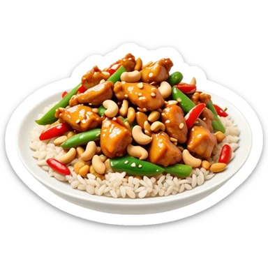 Cinematic Realistic Kung Pao Chicken Dish Emoji, showcasing spicy, stir‚Äêfried chicken with peanuts and vegetables rendered with dynamic textures and vibrant lighting. sticker