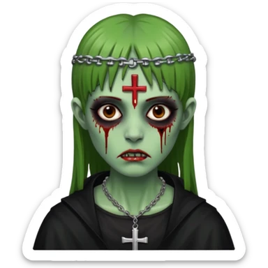 Zumbi verde com olhos castanhos aspecto de que tá sangrando, uma franja reta um piercing do lado esquerdo do nariz, roupa preta e crucifixo como colar, e também delineador sticker
