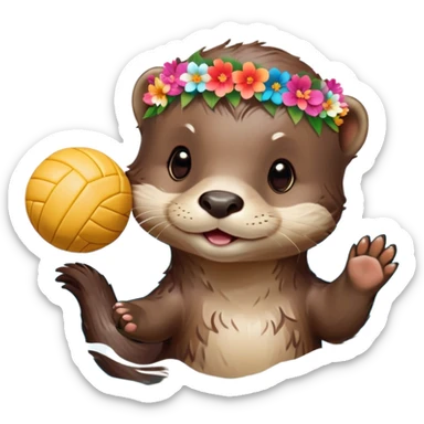 super cute baby otter with a colorful flower crown ring around its head, gentle expression, FLOATING ON EXTREMELY OBVIOUS BRIGHT BLUE WATER with exaggerated large waves, splashes and ripples surrounding the otter, baby otter holding a volleyball with both paws above the very prominent water sticker