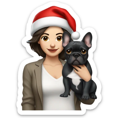brunette woman with a dark grey French bulldog both wearing Santa hats  sticker