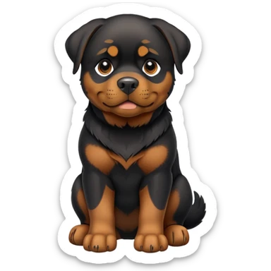 cinematic-[rottweiler]-realistic-full-body-sitting-emoji,-tail-resting-loosely-beside-its-paws,-head-tilted-dramatically, -sleek-[Black and brown]-fur,-simplified-yet-realistic-focused-features,-highly-detailed,-glowing-with-an-almost-sarcastic-glow sticker