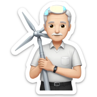 an older white man with grey hair and a white shirt and black pants , hugging a silver wind turbine sticker