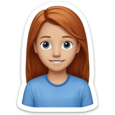 smiling shrugging emoji tween long auburn hair light blue shirt with a darker blue L sticker
