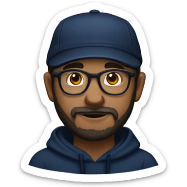 a white dude with dark beard and sideburns and thin frame glasses wearing a black newsboy hat a navy blue pull over hoodie and dark blue t shirt sticker