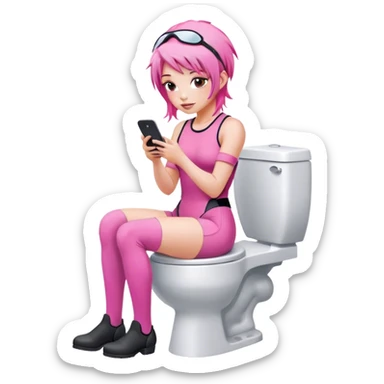 Pink haired female Jockey sat on the toilet with her mobile phone  sticker