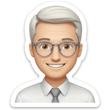 30 yr old pale white man, white/grey side swept stylish hair, round glasses, big smile, white teeth, handsome, longer hair, thin glasses, white dress shirt, smooth forehead, botox, no tie sticker