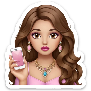 Light skinned girl, long wavy brown hair center-part with face framing pieces, big hazel eyes, lots of jewelry, trendy cute top, prominent blush, sassy, big lips, makeup, fancy long acrylic nails done, holding makeup. She is curvy sticker
