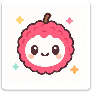 cute cartoon-style lychee emoji character with a round white face, big shiny eyes, happy smiling mouth, bright pink bumpy skin, small brown stem on top, playful colorful kawaii style, glossy 3D look, soft shading, detailed texture, cheerful expressive toy-like appearance sticker