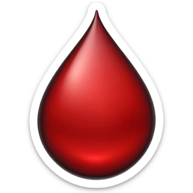 single blood drop emoji sculpted from dark liquid metal, glossy surface, dramatic reflections, futuristic minimal 3D style, isolated on white sticker