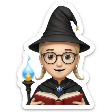 ["A happy boy with light skin, ponytail, wearing a wizard hat and square glasses, dressed in goth fashion, is reading a book while holding a phone."] sticker