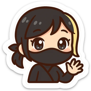 Super cute kawaii chibi style sexy ninja girl with black short hair and a blonde streak, only head and arms visible, big sparkling eyes, round face, soft colors, playful charm, bold outlines, transparent background, no mask, hand halfway up, smiling, sized for Twitch emoji use. sticker