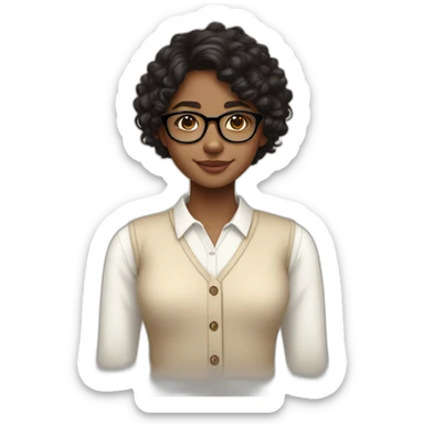 smiling dark skin indian teenage girl with black curly hair and glasses wearing a collared long sleeve white shirt under a beige v shaped collar sweatervest with no buttons sticker