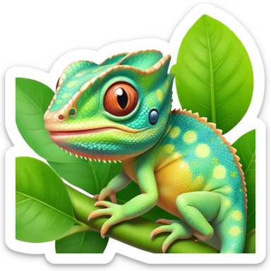 cinematic cute-smiling baby chameleon-realistic emoji,-blending-with-vibrant-greenery.-detailed-scales-in-shifting-colors,-showing-the-chameleon’s-ability-to-camouflage.-soft-natural-light-highlights-its-texture.-light-background, zoomed into its face sticker