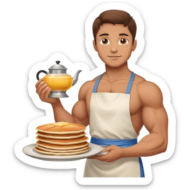 a big pumped-up guy with brown hair in an apron and with a plate of pancakes in one hand and a samovar in the other sticker
