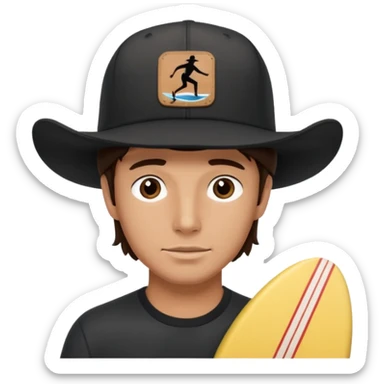 Male brunette movie producer black baseball hat with surfing cowboys written on hat  sticker