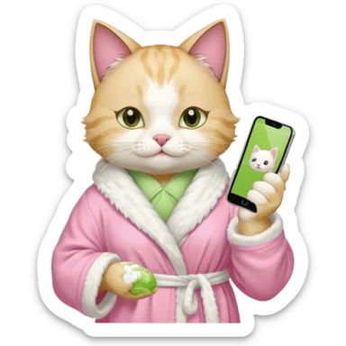 I want a CAT whit a iced macha on her paw and i want her to ne wearing a pink bath rope And she will have a face mask on her face and phone on the opisite paw whit the macha sticker