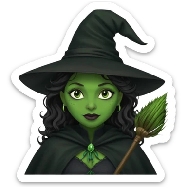 elphaba wicked witch with broom close up, evil dark curly long dark hair, green skin, thick green lips, cheekbones, smirk evil menacing cythia erivo dark aesthetic black hat cloak black broom sticker
