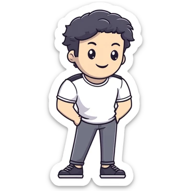 Casual business strategist with black wavy hair, stubble, strong features, white skin, wearing casual Friday outfit with no tie, leaning back relaxed, friendly smile, personal and approachable for Instagram profile sticker