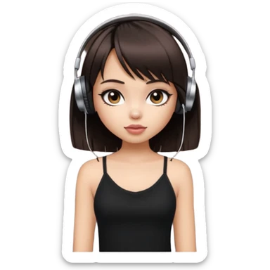 generate a pretty bratz girl in black cami top, dark brown straight bob hair with bangs, eyeliner on, listeninh to music sticker