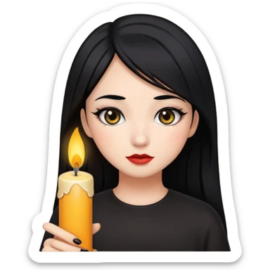 A gurl with black hair make up holding a candle sticker