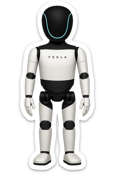 Create a fullbody Tesla robot emoji with the exact head from the reference image, arms down pose, apple emoji style, relaxed stance, ensuring the head and feet are fully in frame. sticker
