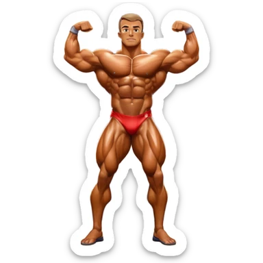 Bodybuilder on stage at a competition, covered in oil, flexing to showcase defined muscles under bright lights. The background shows a professional bodybuilding stage with judges and an audience in soft focus, highlighting the intense focus and discipline of the sport. Transparent background. sticker