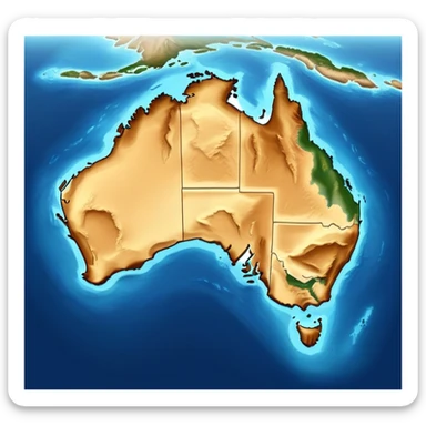 Cinematic-realistic outline of Australia, featuring its distinct landmass with accurately defined coastlines. The deep blue ocean surrounds the golden-brown continent, with subtle topographic shading to highlight its terrain. A soft glowing effect enhances the edges, making the shape stand out against a neutral, textured background. sticker