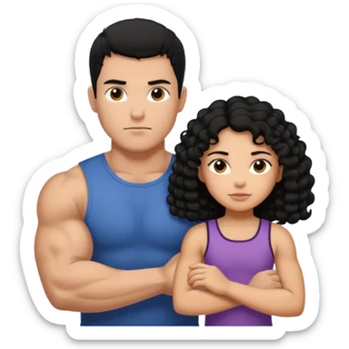 A strong man with short straight black hair protecting a shorter girl with long curly black hair sticker