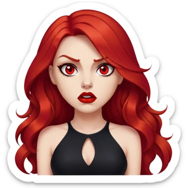 a beautiful very angry woman with long red hair and red eyes. The woman wear a black little cutted dress. She have red lipstick and she have a seductive look. Angry face sticker
