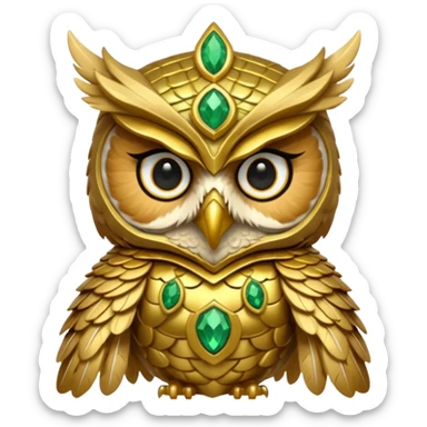 owl warrior wearing golden armor embedded with emerald jewels sticker