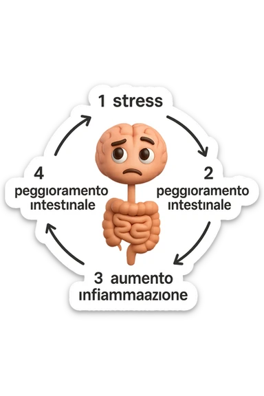 EMOJI STILE IPHONE 3D DI un cerchio con queste scritte che girano intorno in ordine per come li ho scritti "1. stress → 2. peggioramento intestinale → 3. aumento infiammazione → 4. peggioramento sintomi intestinali e sistemici." al centro del cerchio metti un cervello e intestino umani collegati verticalmente con espressione dubbiosa in volto, FALLO MOLTO REALISTICO IN 3D sticker