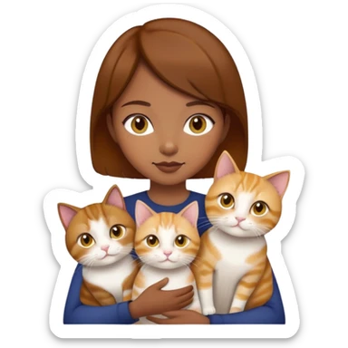 Asian girl, brown hair, brown eyes skin tone dark holding three cats one ginger, one yellow white one British short hair and cream colour sticker
