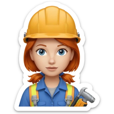 A ginger haired girl blue eyes, handyman Outfit, wearing a Helmet, with drill sticker