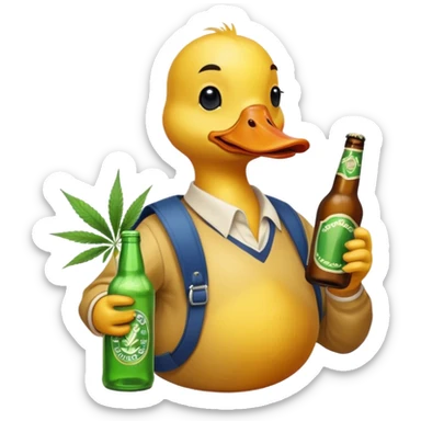 Drunk and high duck animal holding beed bottle and a bag of weed sticker