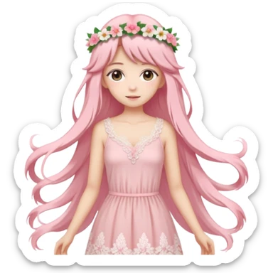 pastel anime woman with pink and white lace dress full body and long hair with flower crown sticker