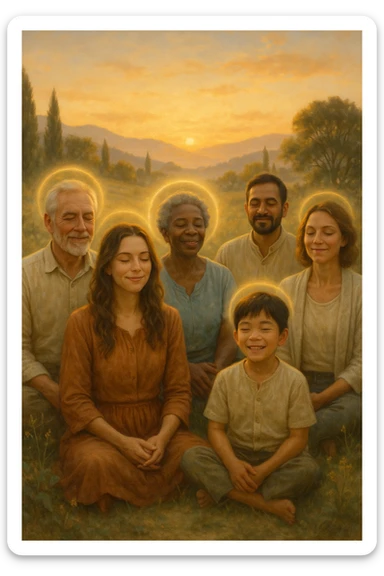 a diverse group of people of different ages and backgrounds sit together in a peaceful natural setting at sunrise, each with serene, joyful expressions. Subtle auras or soft light halos surround them, symbolizing spiritual awakening and inner harmony. The background features gentle hills, trees, and a glowing sky, evoking unity and connection. realistica italiano sticker