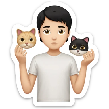generate a pretty bratz emoji of a boy with black hair wearing a white tshirt and holding a cTCAT sticker