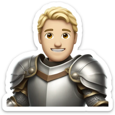 a smiling white person knight with full armor, holding a sword, half body sticker