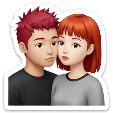 Asian Spiky short red hair  guy kissing redhead white girl with bangs sticker