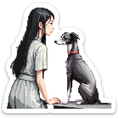 Slim Chinese girl with long black hair and her completely solid grey Italian greyhound looking out a window together on a snowy day, the dog has absolutely no white markings anywhere, completely uniform grey color throughout sticker